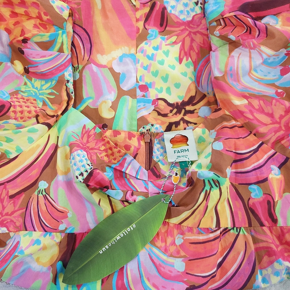 Farm Rio Fruit Salad Pastel Maxamilist Puff Sleeve Fruit Hearts Print Maxi Dress - Picture 5 of 14